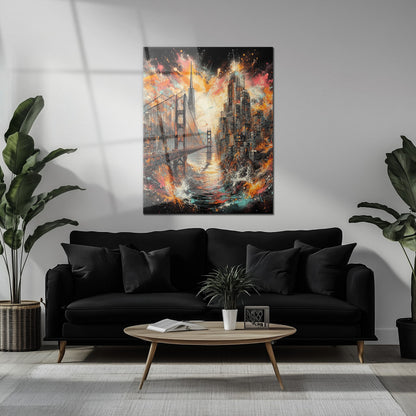 Explosive Golden Gate Cityscape Glass Wall Art – UV Printed Urban Abstract Panel-KAFCD061
