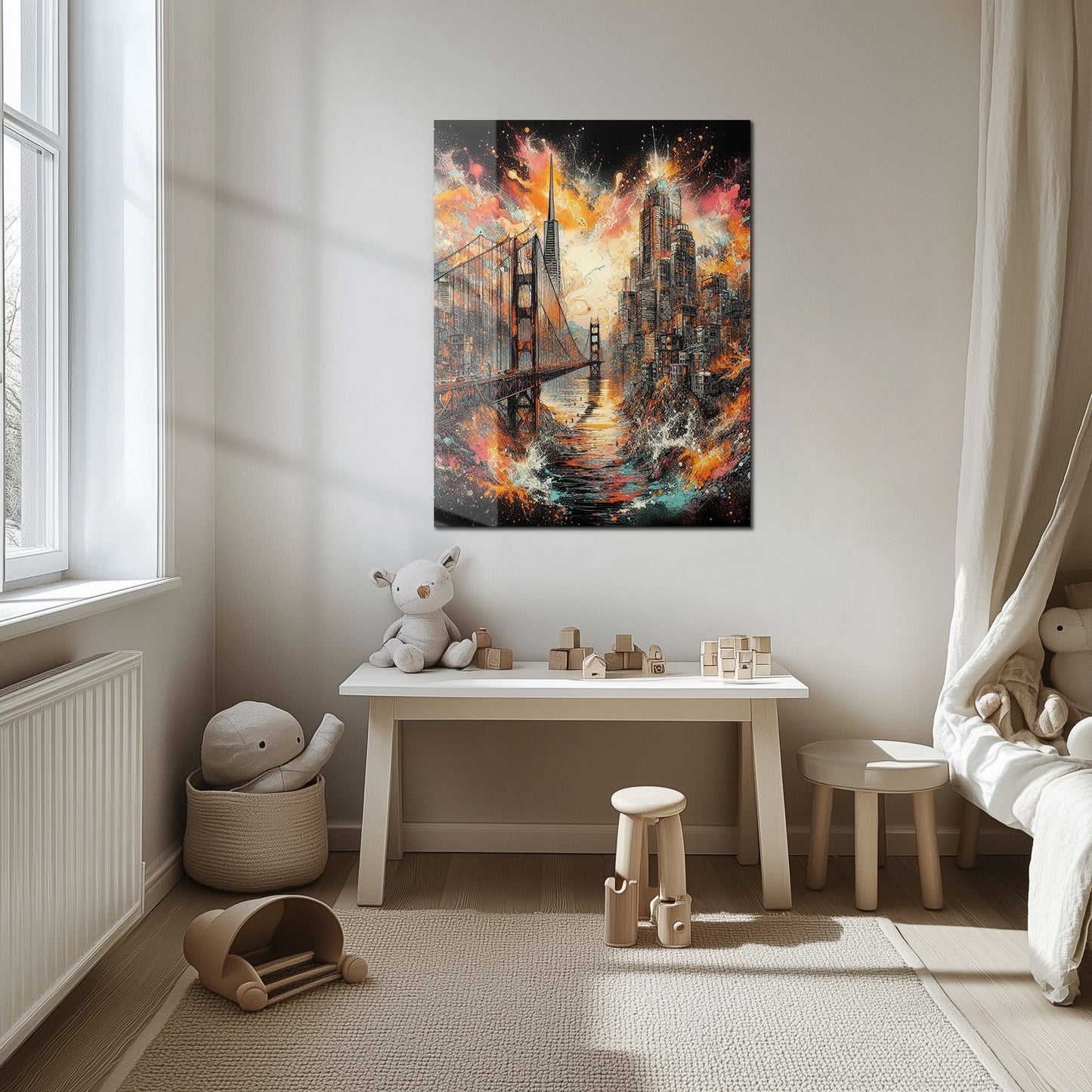Explosive Golden Gate Cityscape Glass Wall Art – UV Printed Urban Abstract Panel-KAFCD061
