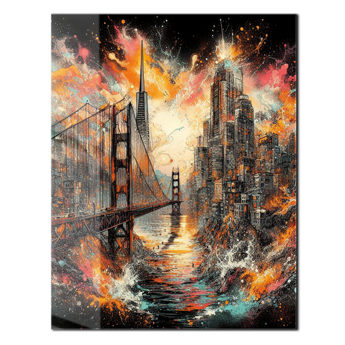 Explosive Golden Gate Cityscape Glass Wall Art – UV Printed Urban Abstract Panel-KAFCD061