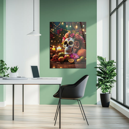Décoration murale en verre Crâne du Jour des Morts – Calavera florale imprimée UV -KAFCD062