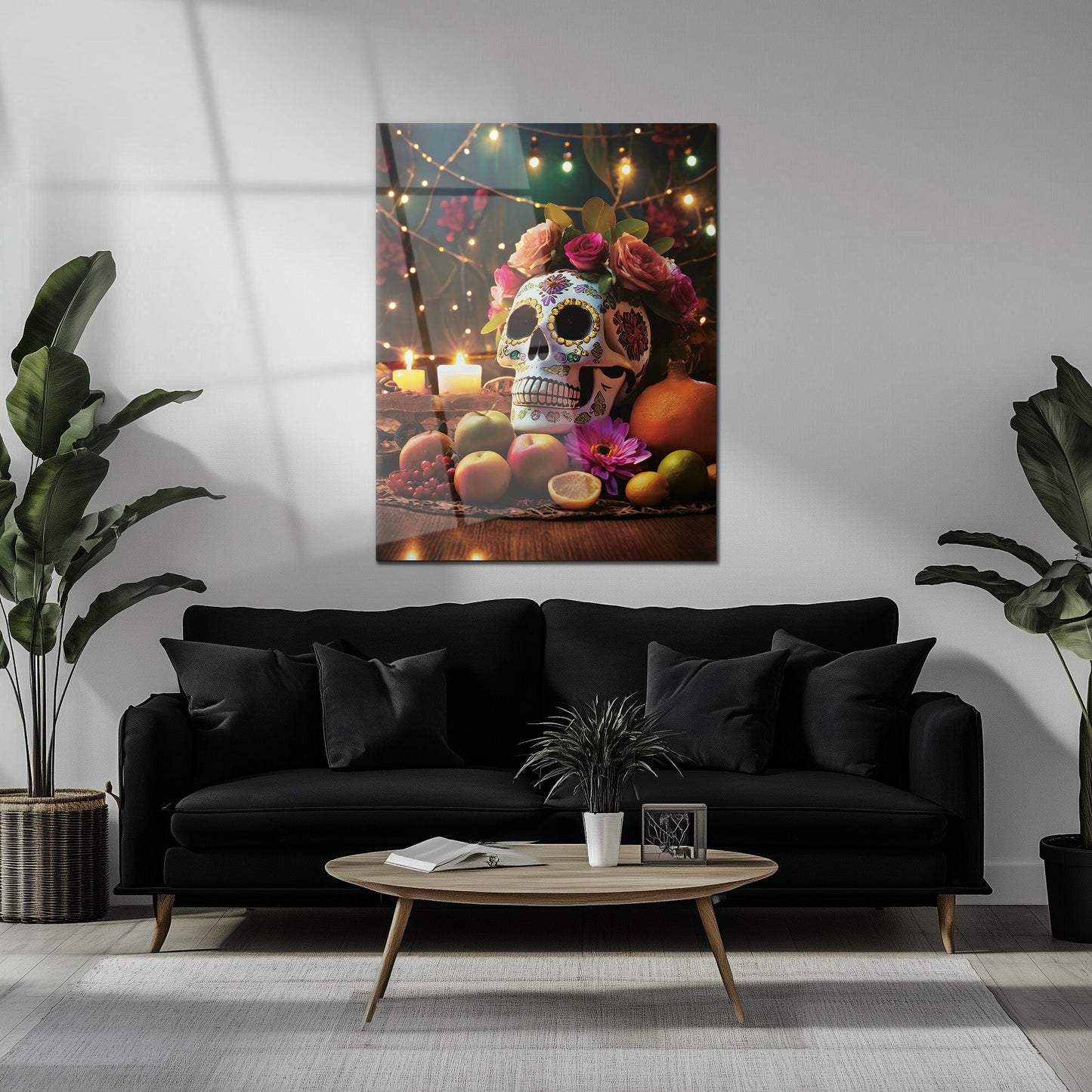 Day of the Dead Skull Glass Wall Art – UV Printed Floral Calavera Decor-KAFCD062