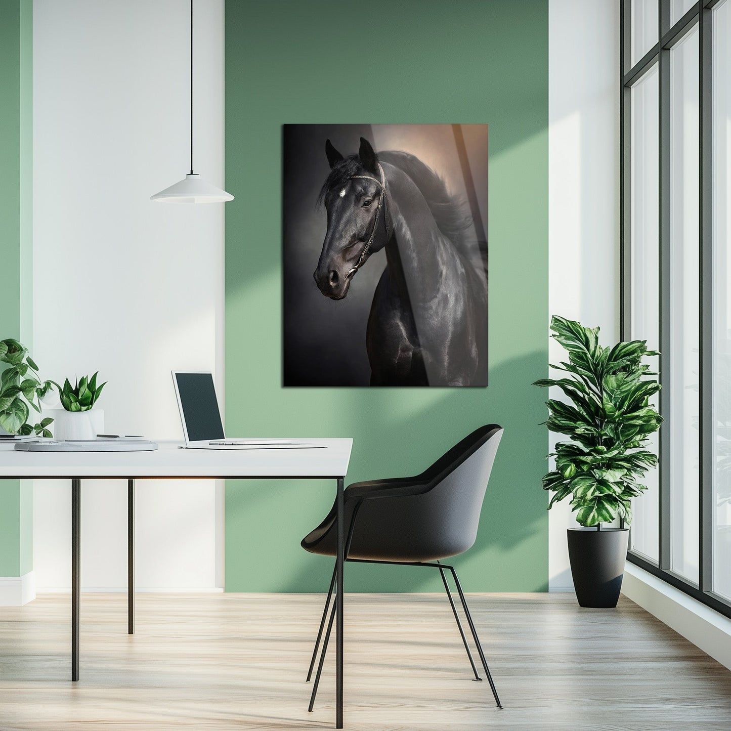 Tableau mural en verre UV portrait élégant de cheval noir – Design équestre majestueux-KAFCD065