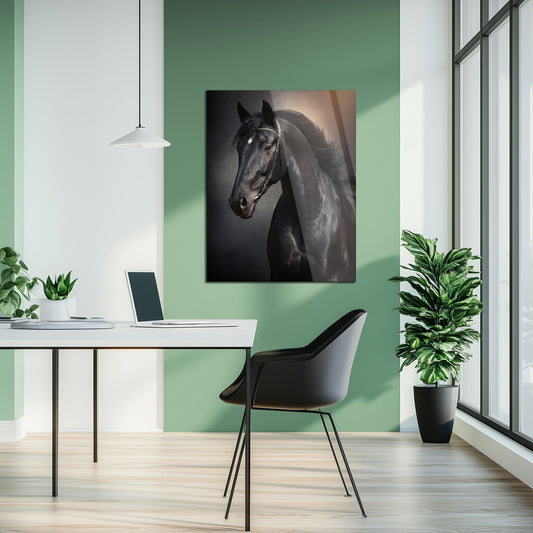 Tableau mural en verre UV portrait élégant de cheval noir – Design équestre majestueux-KAFCD065