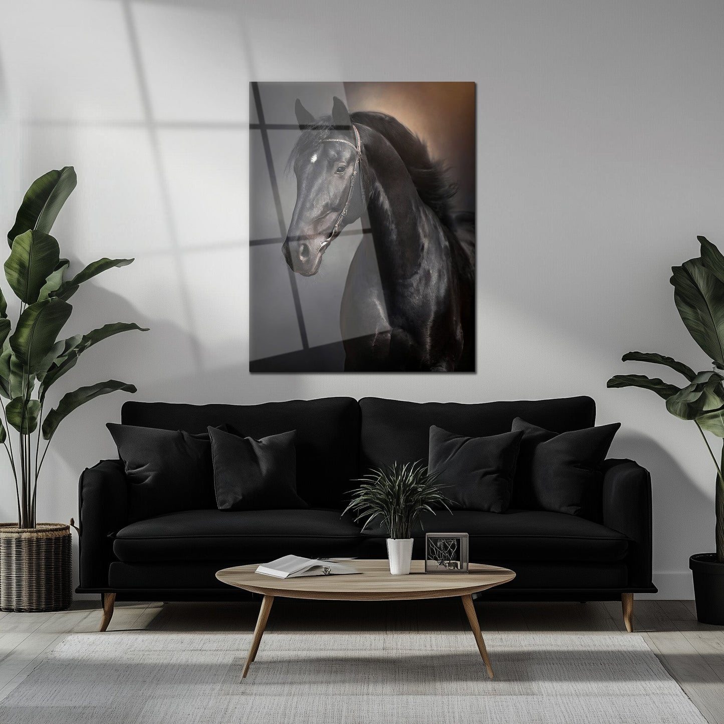 Tableau mural en verre UV portrait élégant de cheval noir – Design équestre majestueux-KAFCD065