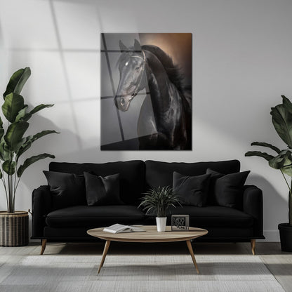 Tableau mural en verre UV portrait élégant de cheval noir – Design équestre majestueux-KAFCD065