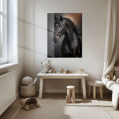 Tableau mural en verre UV portrait élégant de cheval noir – Design équestre majestueux-KAFCD065