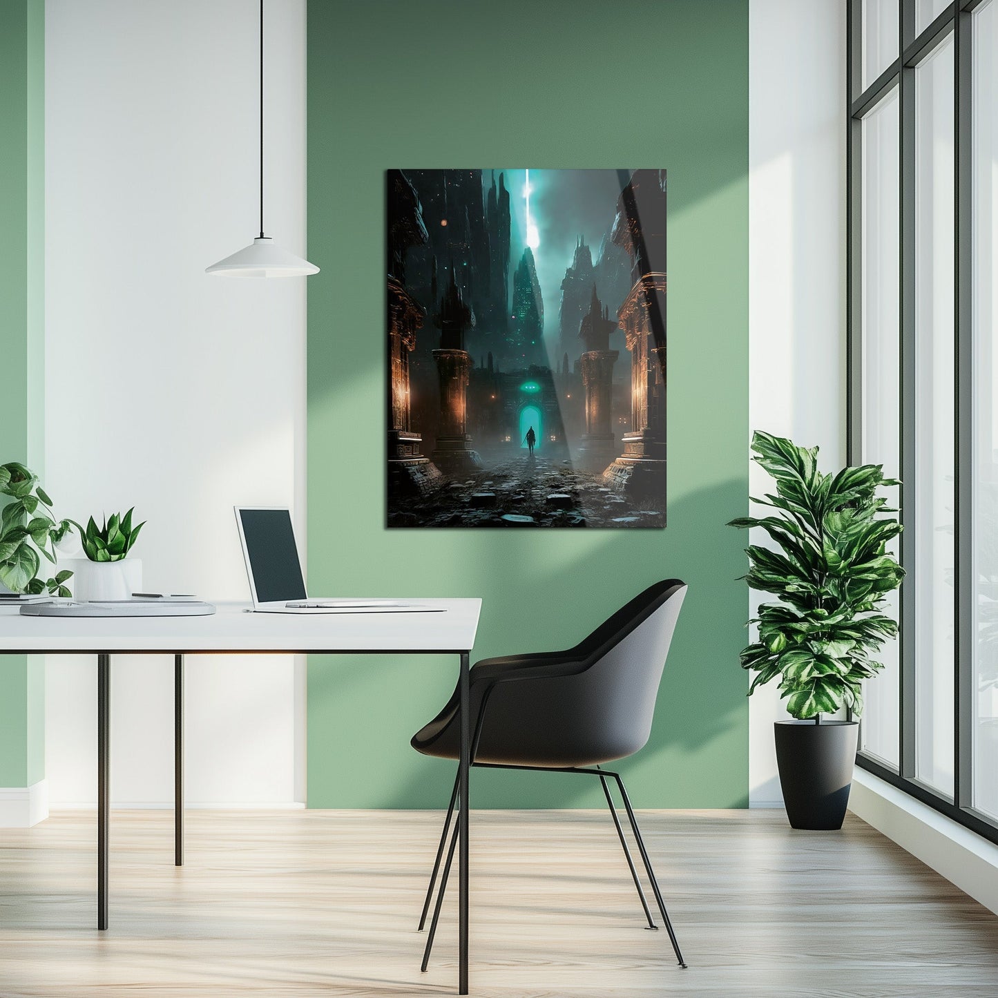 Dark Fantasy Fortress UV Glass Wall Art – Mysterious Warrior in Ancient Alien Ruins-KAFCD070