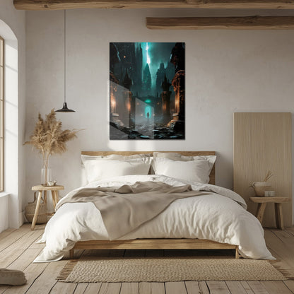 Dark Fantasy Fortress UV Glass Wall Art – Mysterious Warrior in Ancient Alien Ruins-KAFCD070