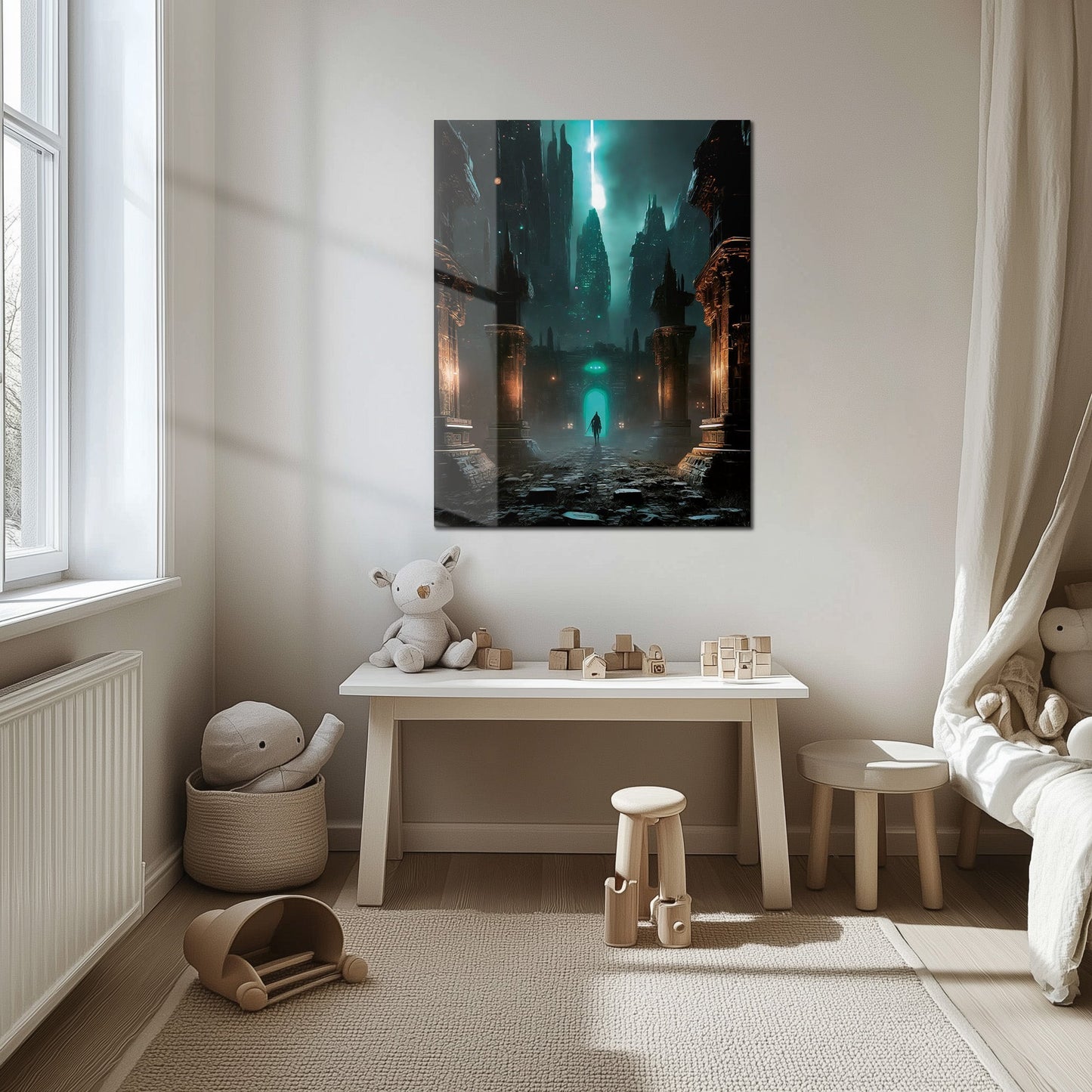 Dark Fantasy Fortress UV Glass Wall Art – Mysterious Warrior in Ancient Alien Ruins-KAFCD070