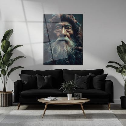 Ancient Wisdom Portrait UV Glass Wall Art – Mystical Elder with Deep Gaze-KAFCD072