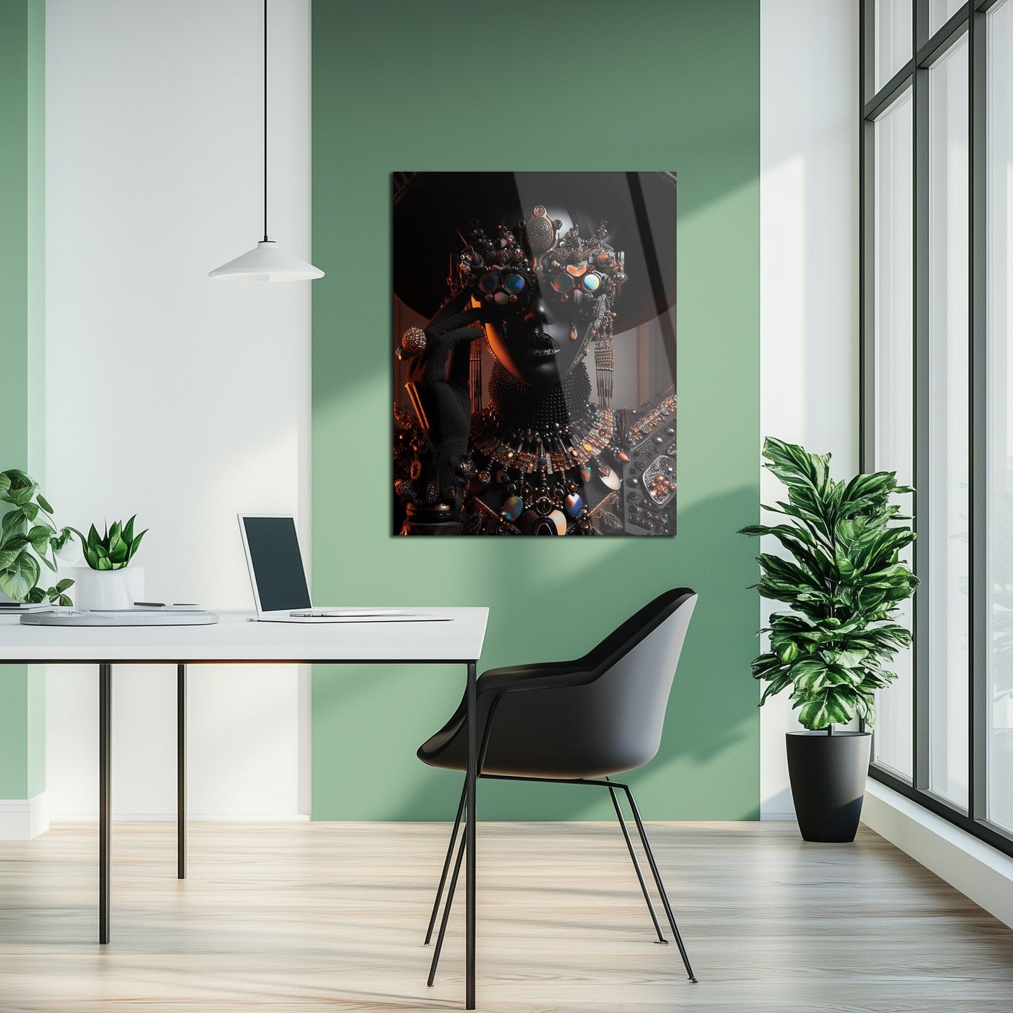Futuristic Black Diva Portrait UV Glass Wall Art – Opulent Cyber Couture Aesthetic-KAFCD073