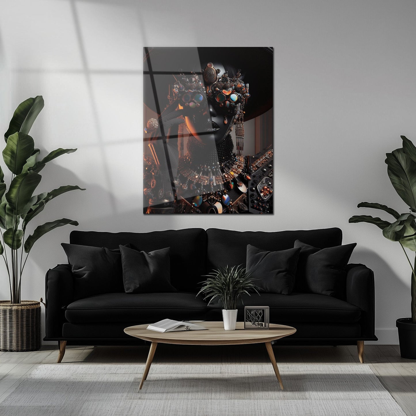 Futuristic Black Diva Portrait UV Glass Wall Art – Opulent Cyber Couture Aesthetic-KAFCD073