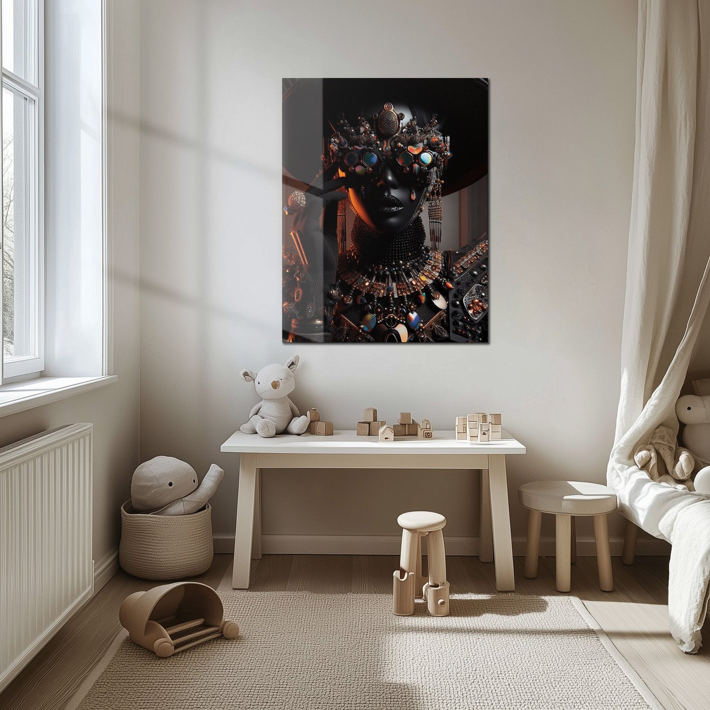 Futuristic Black Diva Portrait UV Glass Wall Art – Opulent Cyber Couture Aesthetic-KAFCD073