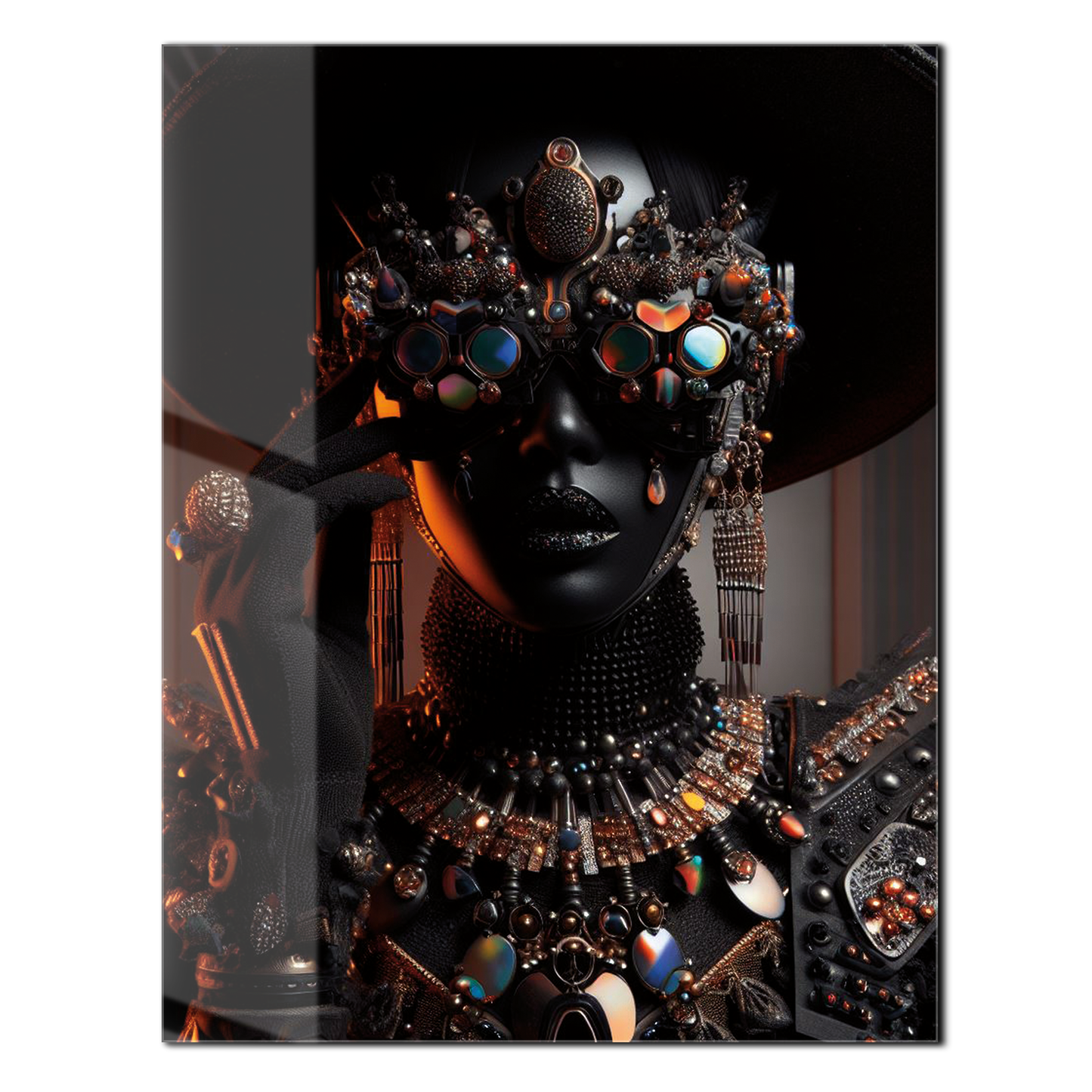 Futuristic Black Diva Portrait UV Glass Wall Art – Opulent Cyber Couture Aesthetic-KAFCD073