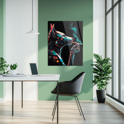 Cybernetic Canine Smoking Portrait – Futuristic Neon Dog UV Glass Wall Art-KAFCD078