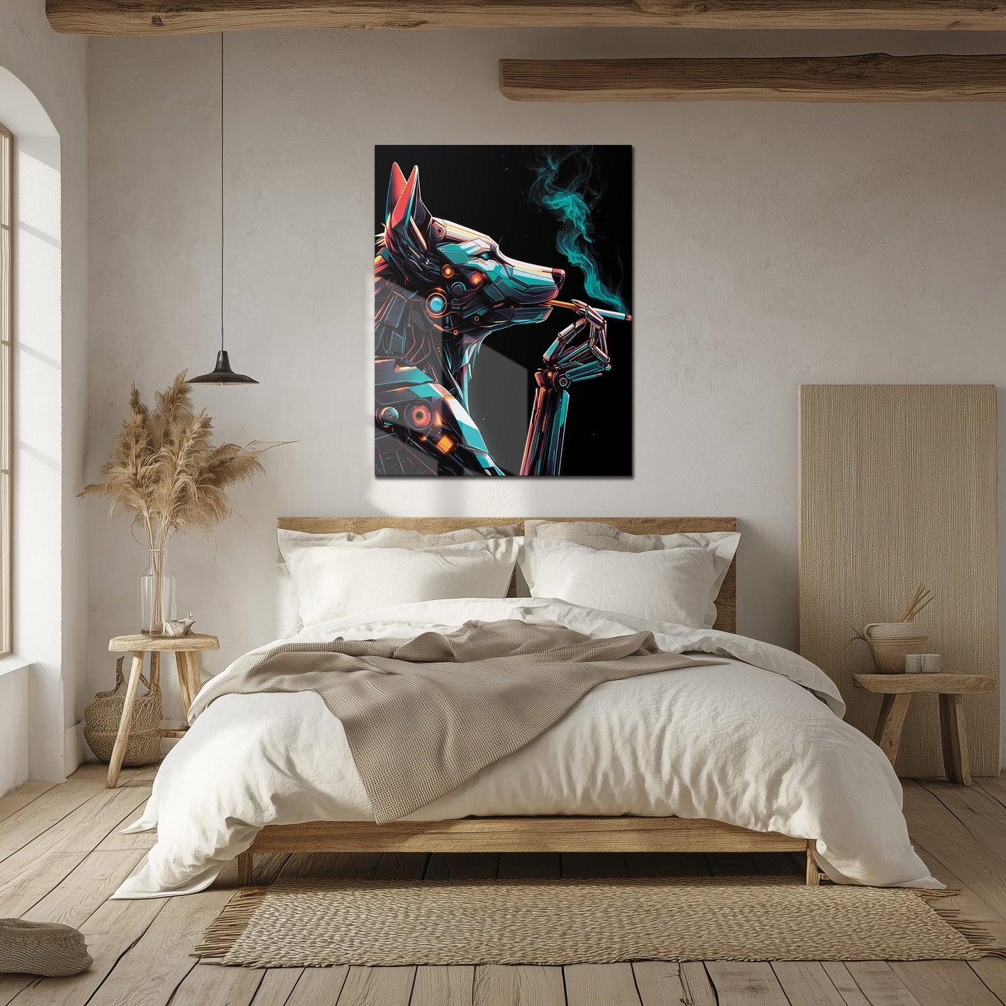 Cybernetic Canine Smoking Portrait – Futuristic Neon Dog UV Glass Wall Art-KAFCD078