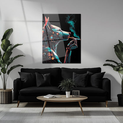 Cybernetic Canine Smoking Portrait – Futuristic Neon Dog UV Glass Wall Art-KAFCD078
