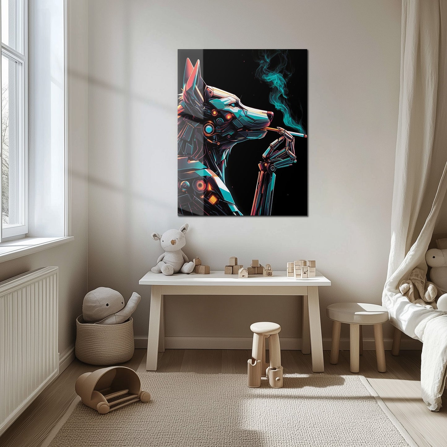 Cybernetic Canine Smoking Portrait – Futuristic Neon Dog UV Glass Wall Art-KAFCD078
