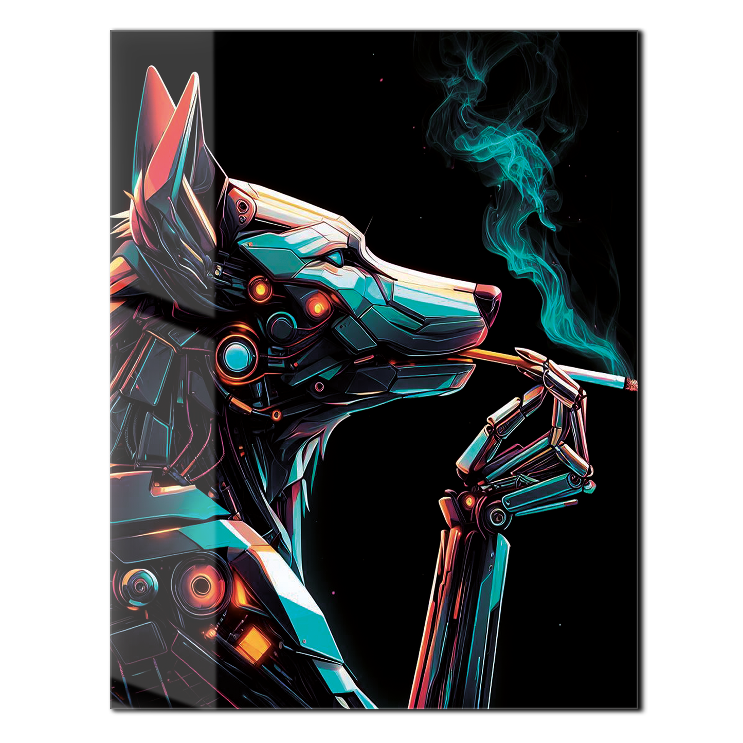 Cybernetic Canine Smoking Portrait – Futuristic Neon Dog UV Glass Wall Art-KAFCD078