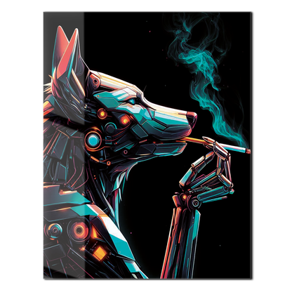 Cybernetic Canine Smoking Portrait – Futuristic Neon Dog UV Glass Wall Art-KAFCD078