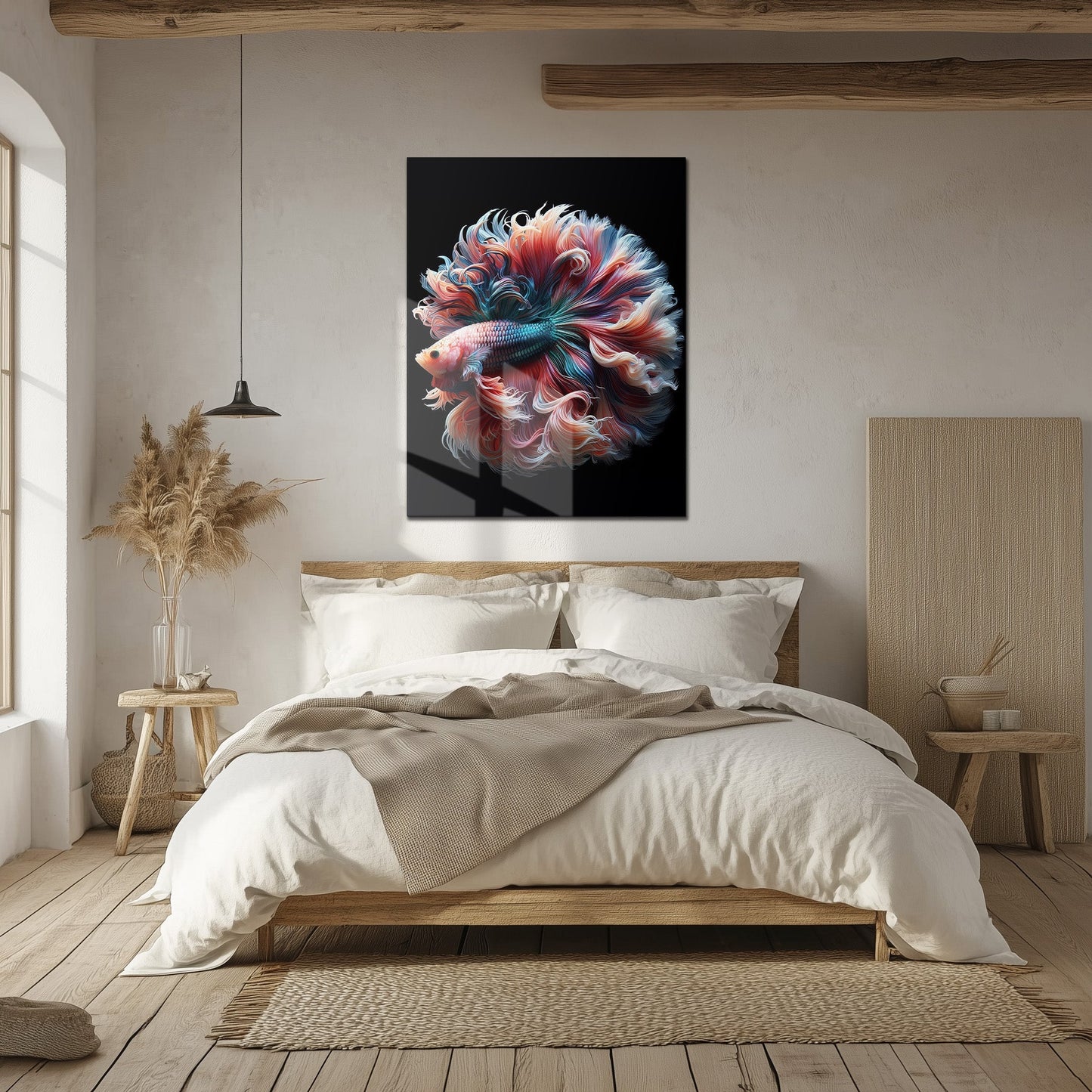 Elegant Betta Fish Flow – Colorful UV Glass Wall Art with Fluid Fin Design-KAFCD080