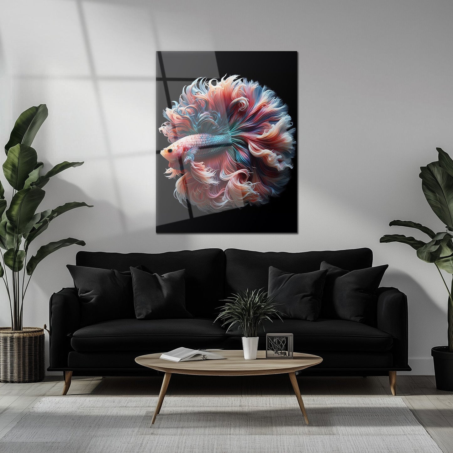 Elegant Betta Fish Flow – Colorful UV Glass Wall Art with Fluid Fin Design-KAFCD080