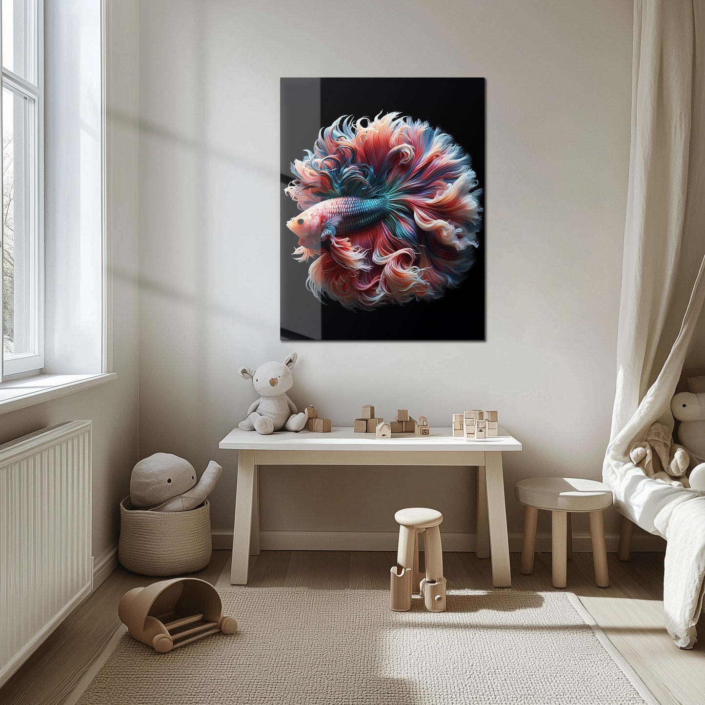 Elegant Betta Fish Flow – Colorful UV Glass Wall Art with Fluid Fin Design-KAFCD080