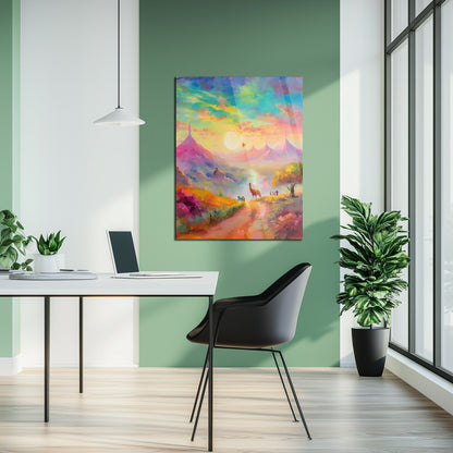 Dreamscape Sunset Valley – Llama & Mountain Fantasy UV Glass Wall Art-KAFCD082