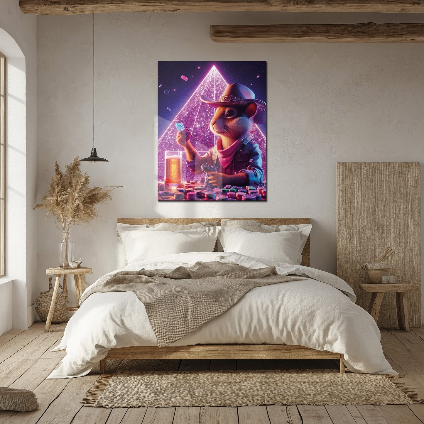 Soirée poker avec le hamster cowboy – Décoration murale en verre UV néon pour ambiance salle de jeux-KAFCD088