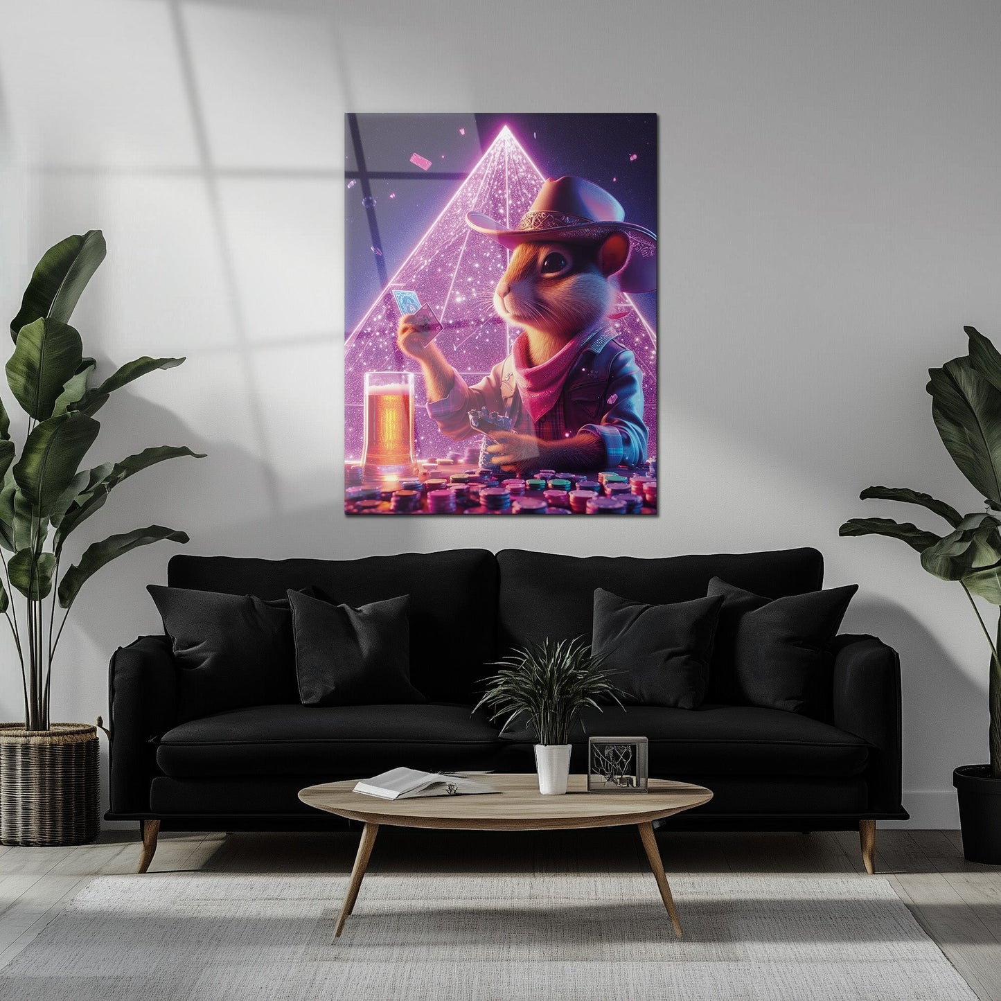 Soirée poker avec le hamster cowboy – Décoration murale en verre UV néon pour ambiance salle de jeux-KAFCD088