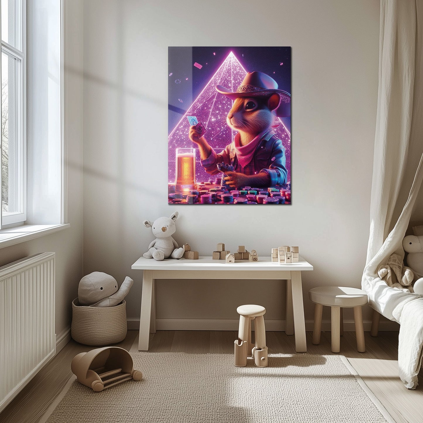 Soirée poker avec le hamster cowboy – Décoration murale en verre UV néon pour ambiance salle de jeux-KAFCD088
