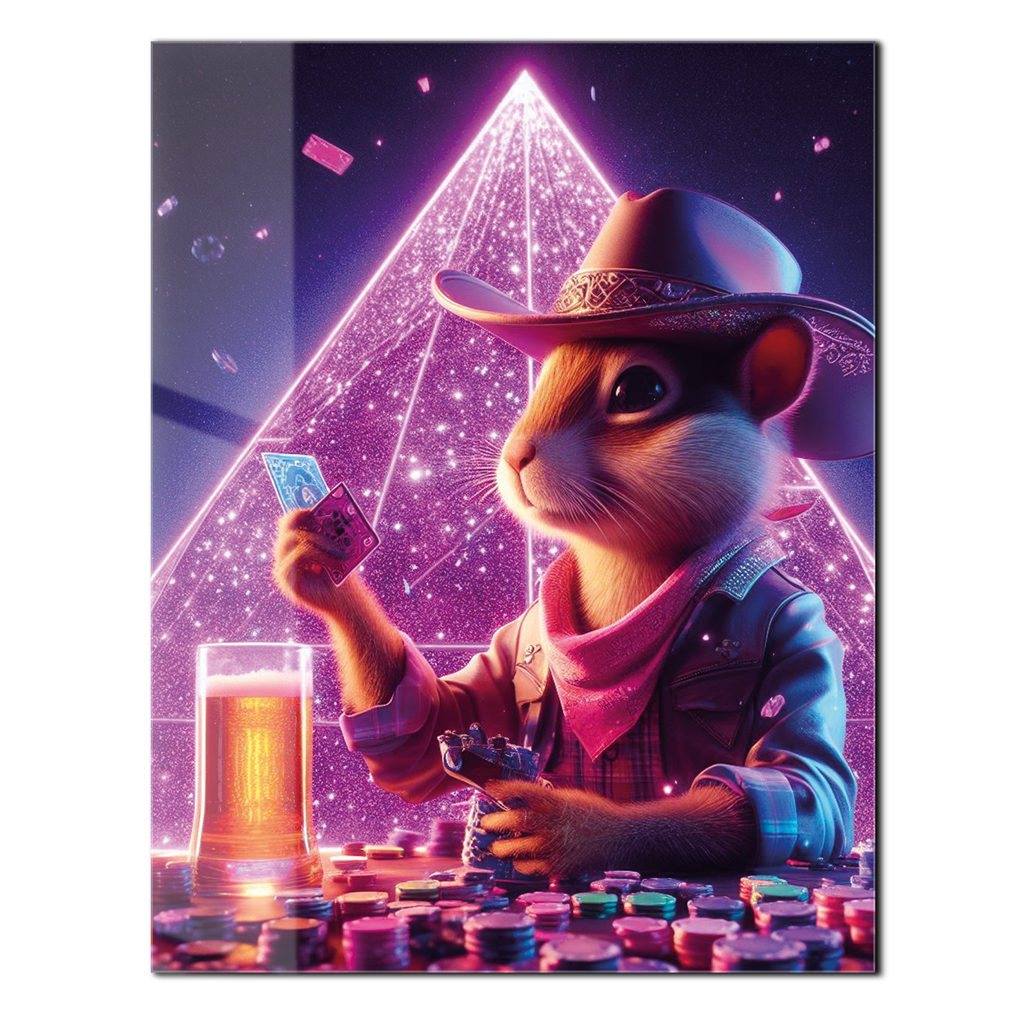 Soirée poker avec le hamster cowboy – Décoration murale en verre UV néon pour ambiance salle de jeux-KAFCD088
