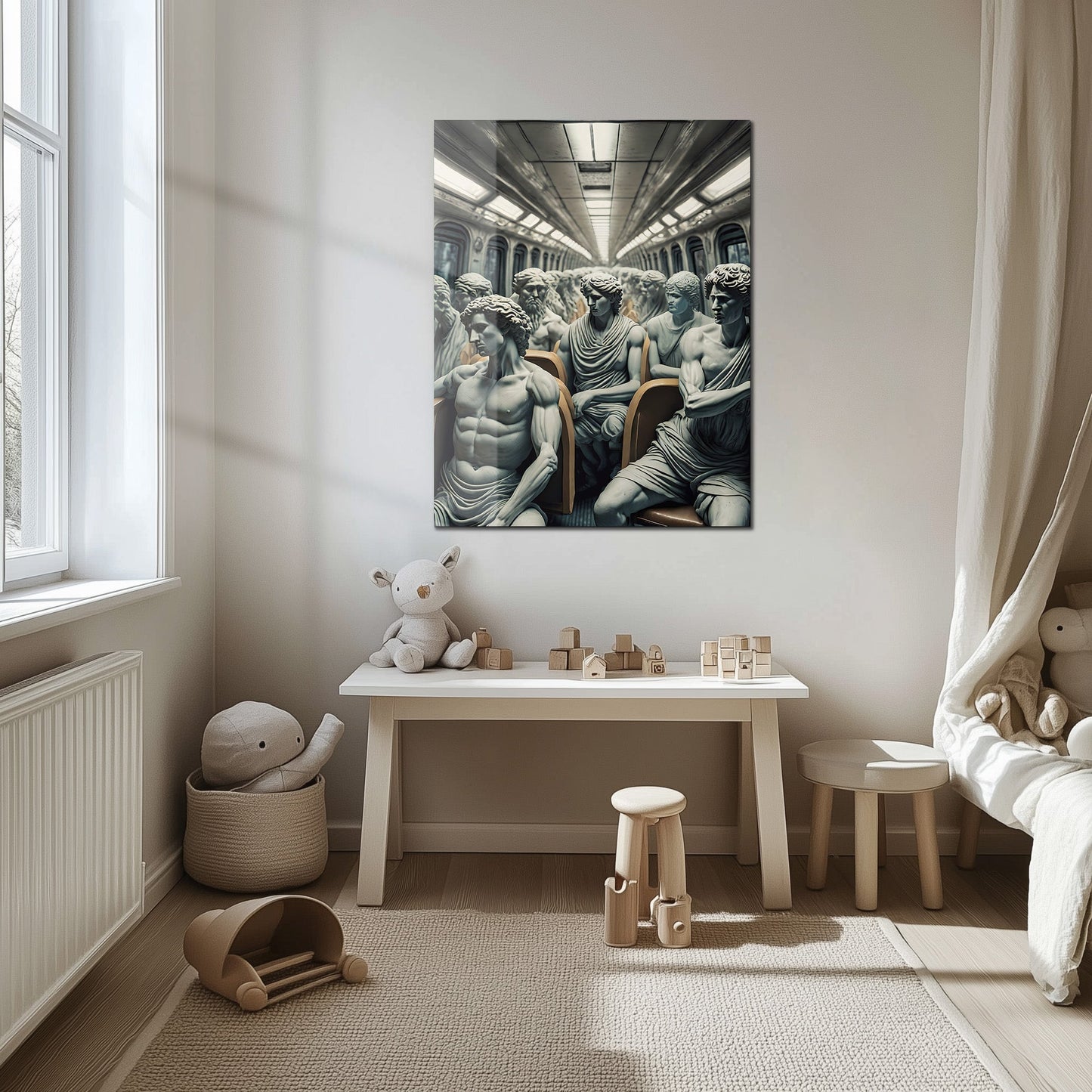 Classical Commuters UV Glass Wall Art – Greek Sculptures on a Subway Ride - KAFCD092
