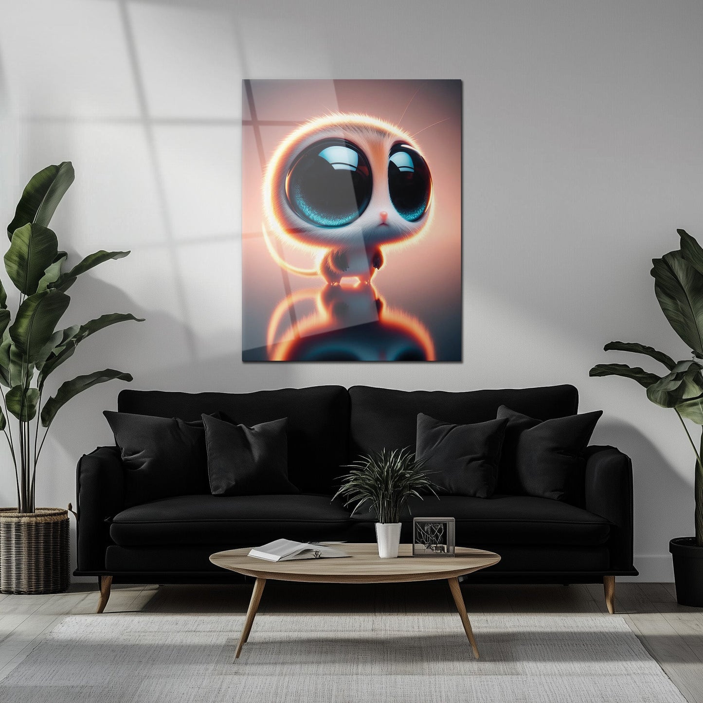 Big-Eyed Fantasy Kitten UV Glass Wall Art – Cute Neon Pet Illustration - KAFCD094