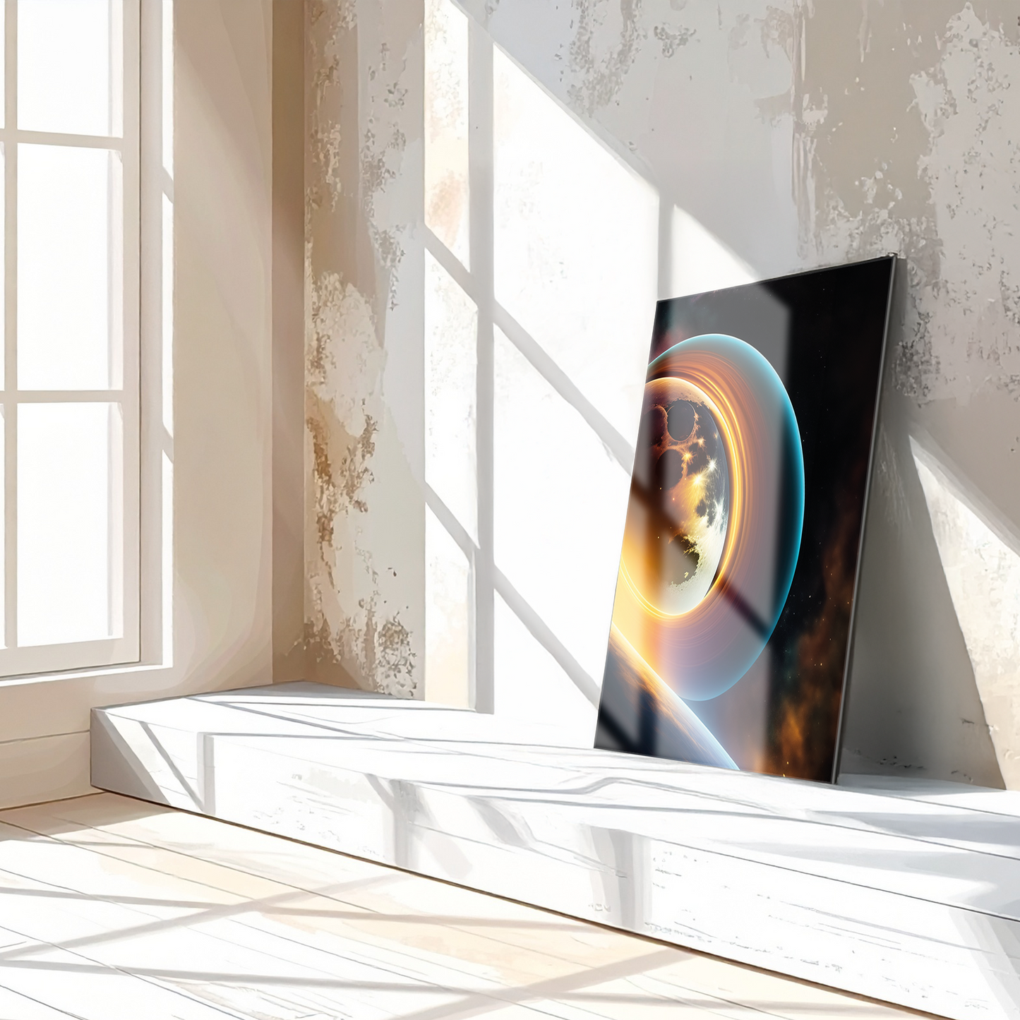 Celestial Ringscape – Glowing Planet with Rings UV Glass Wall Art - KAFCD099