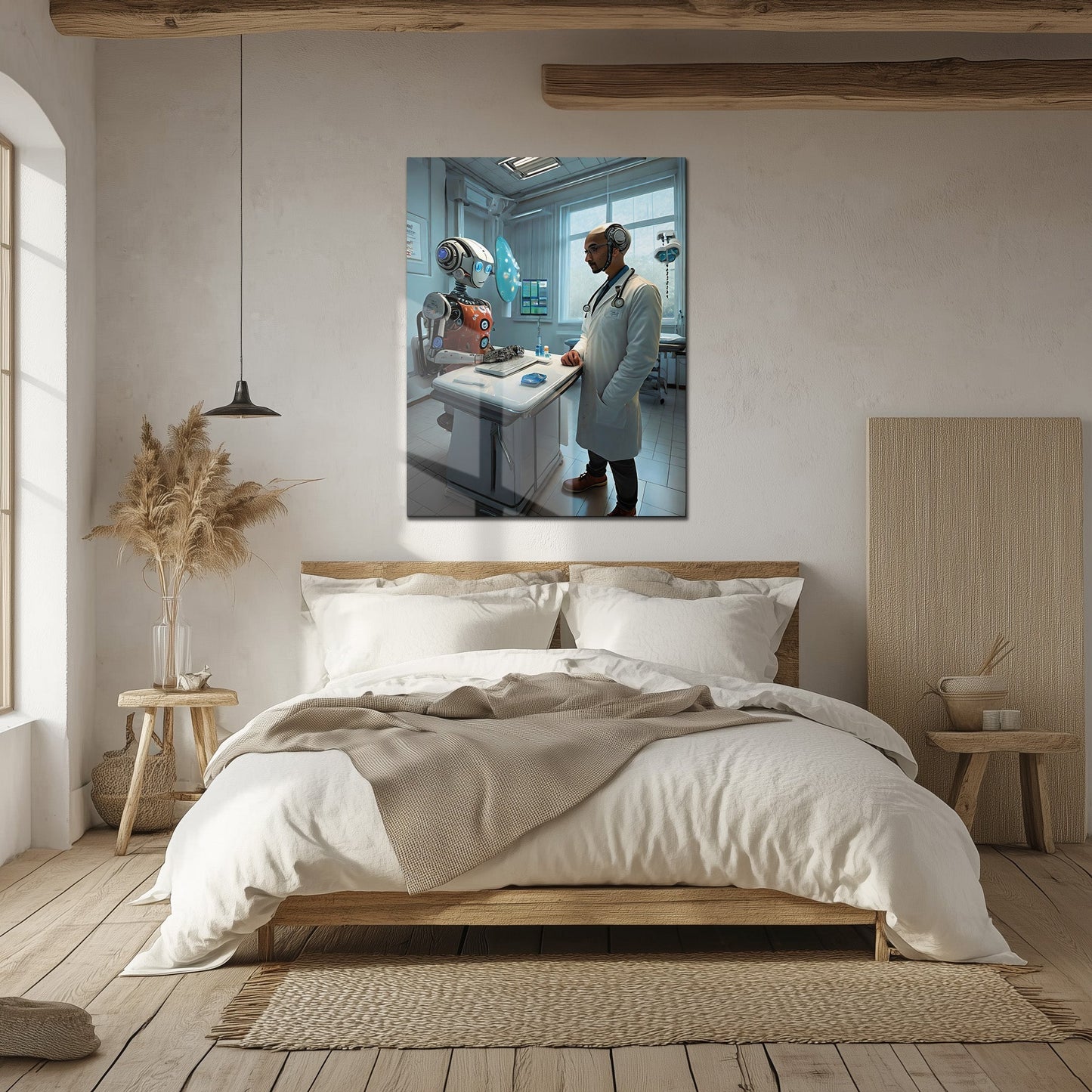 Futuristic Doctor and Robot Patient – UV Printed Glass Wall Art for Sci-Fi Lovers - KAFCD107