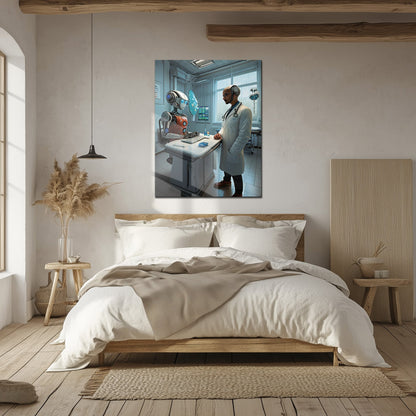 Futuristic Doctor and Robot Patient – UV Printed Glass Wall Art for Sci-Fi Lovers - KAFCD107