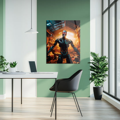 Dystopian Cyborg Encounter – UV Printed Sci-Fi Glass Wall Art for Futuristic Decor - KAFCD108