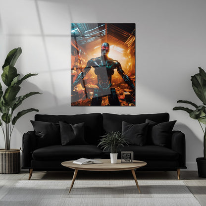 Dystopian Cyborg Encounter – UV Printed Sci-Fi Glass Wall Art for Futuristic Decor - KAFCD108