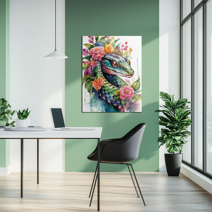 Floral Serpent Portrait – Watercolor Style UV Glass Wall Art with Botanical Snake Design - KAFCD109