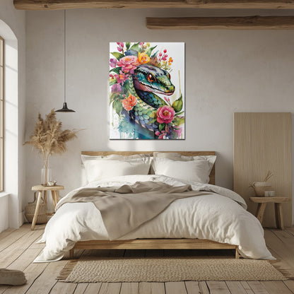 Floral Serpent Portrait – Watercolor Style UV Glass Wall Art with Botanical Snake Design - KAFCD109