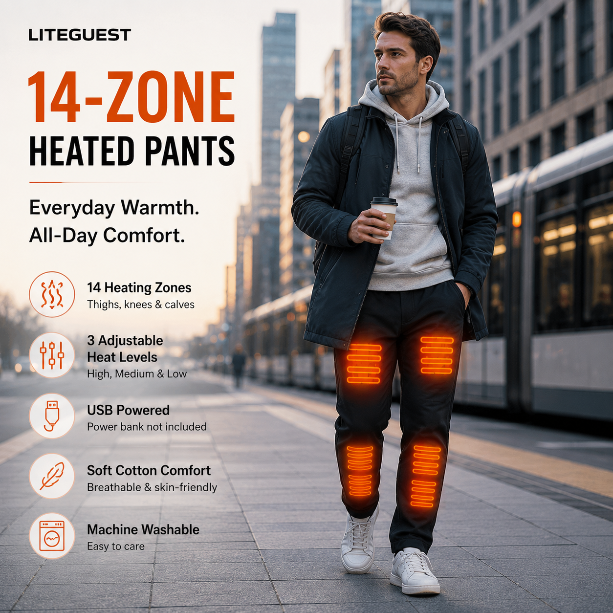 LITEGUEST 14-Zone USB Heated Pants | Soft Cotton Winter Warmth
