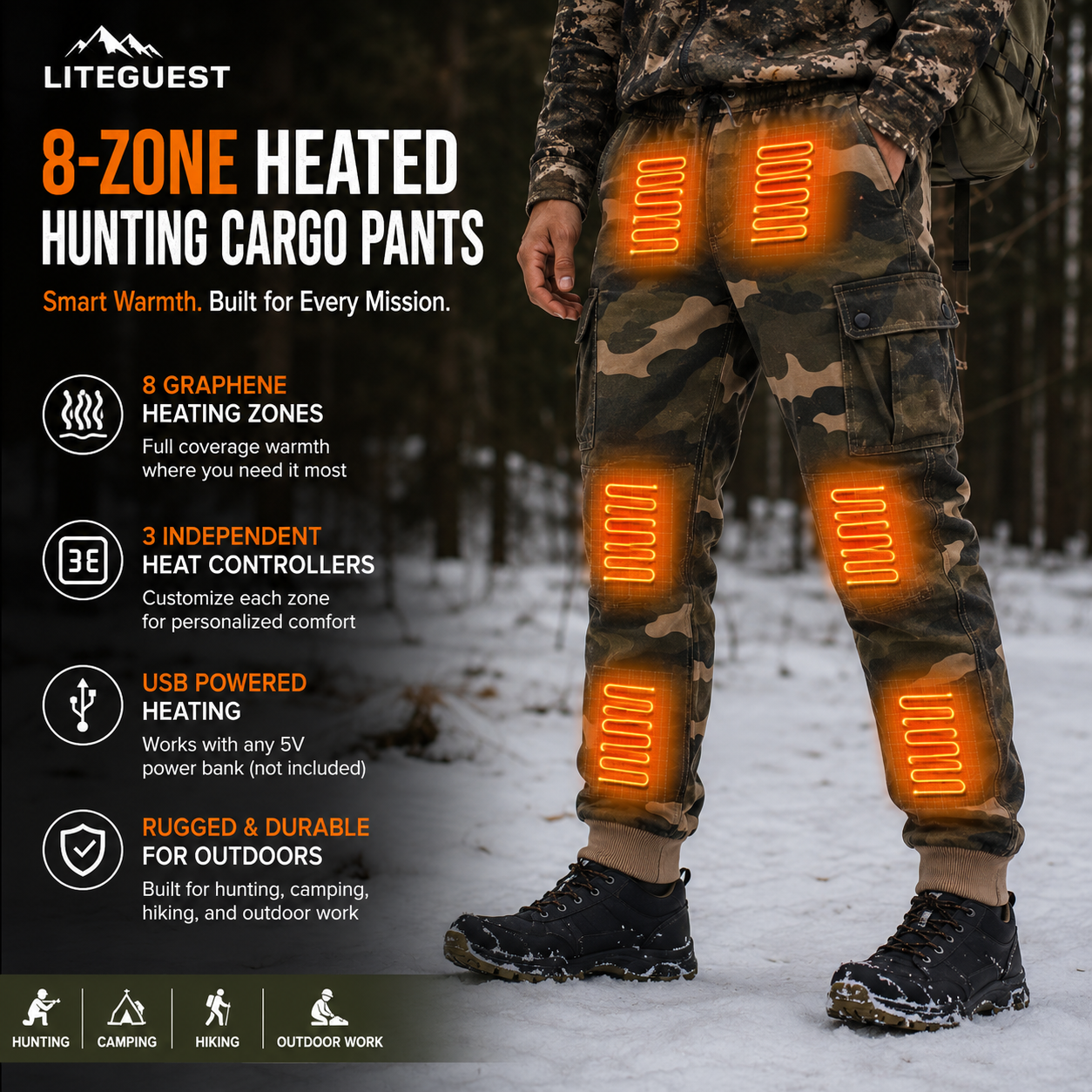 LITEGUEST 8-Zone Heated Hunting Cargo Pants | 3-Zone Heat Control