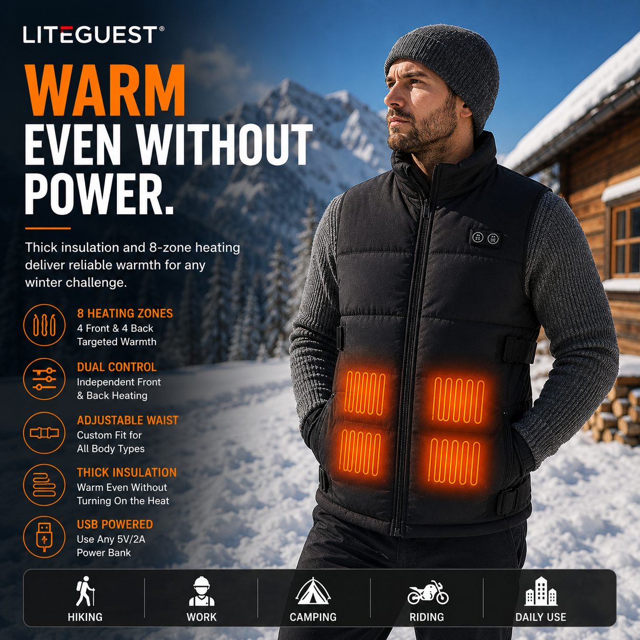 LITEGUEST Adjustable Heated Vest | 8-Zone Dual Control USB Warmth