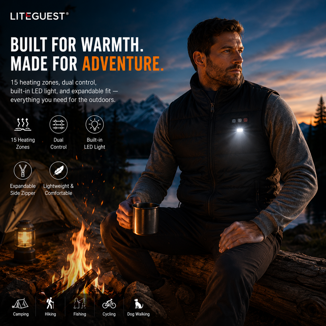 LITEGUEST LED Safety Heated Vest | 15-Zone Dual Control USB Heating