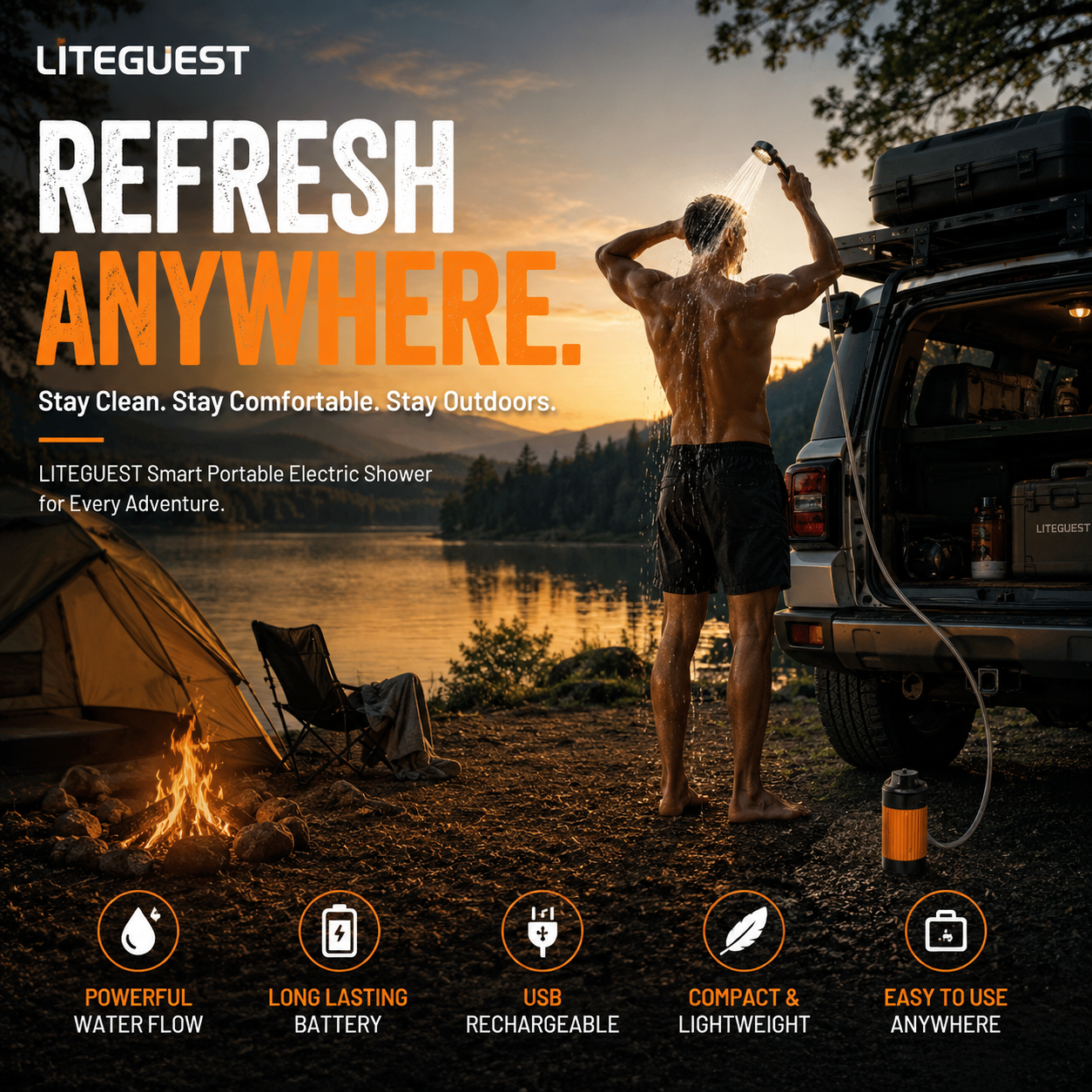 LITEGUEST Smart Portable Electric Shower – Rechargeable Camping Shower