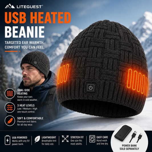 LITEGUEST USB Heated Beanie | Heated Winter Hat for Ear Warmth