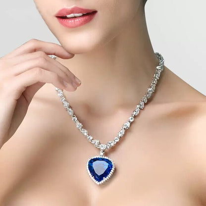 Blue Heart Crystal Necklace S925 Silver Zirconia Pendant 57cm Chain