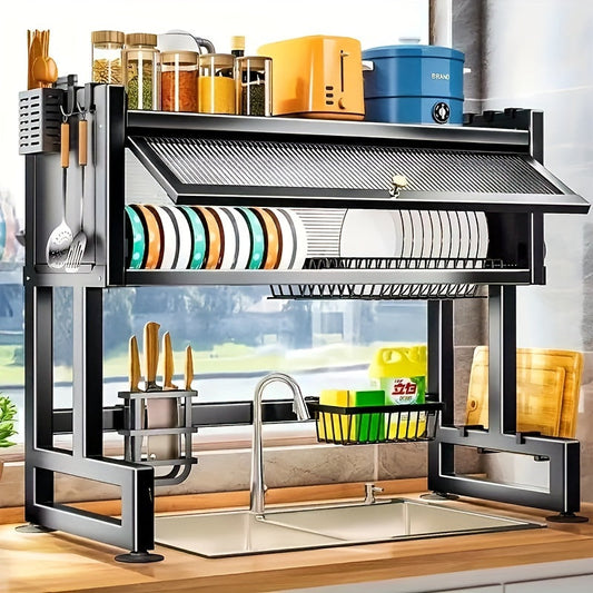 Estante secador de platos para colocar sobre el fregadero de 1 nivel, organizador de cocina a prueba de polvo