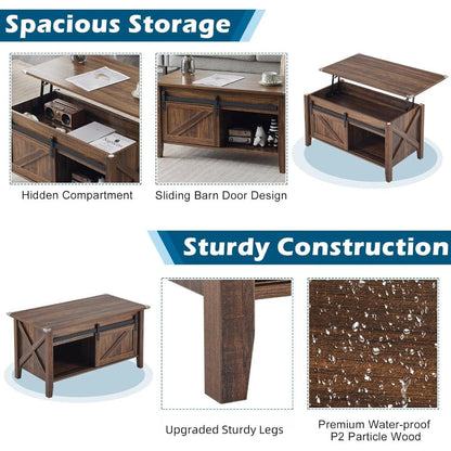 Lift Top Coffee Table 36" Farmhouse Rustic Wood Hidden Storage & Sliding Barn